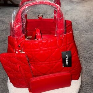 3 Piece Elegant Red Quilted Handbag Set